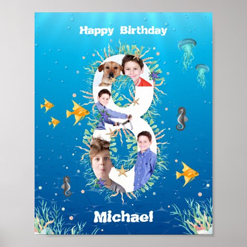 Photo Collage Big 8th Birthday Under The Sea Poster