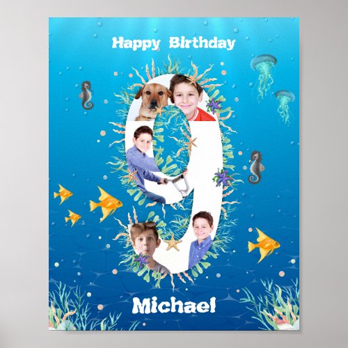 Photo Collage Big 9th Birthday Under The Sea Poster