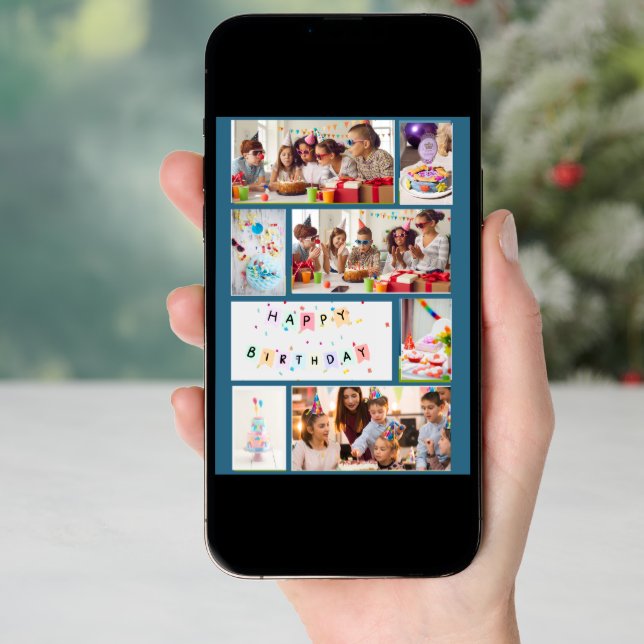 Photo Collage Birthday Card - Blue with 7 Frames (Front Digital)