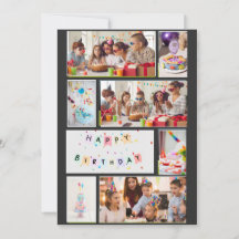 Photo Collage Birthday Card - Gray Black 7 Frames