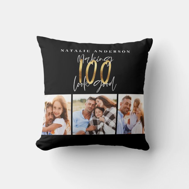 Photo collage black and gold 100th birthday   throw pillow (Front)