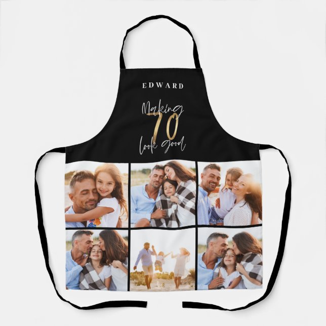 Photo collage black and gold 70th birthday modern apron (Front)