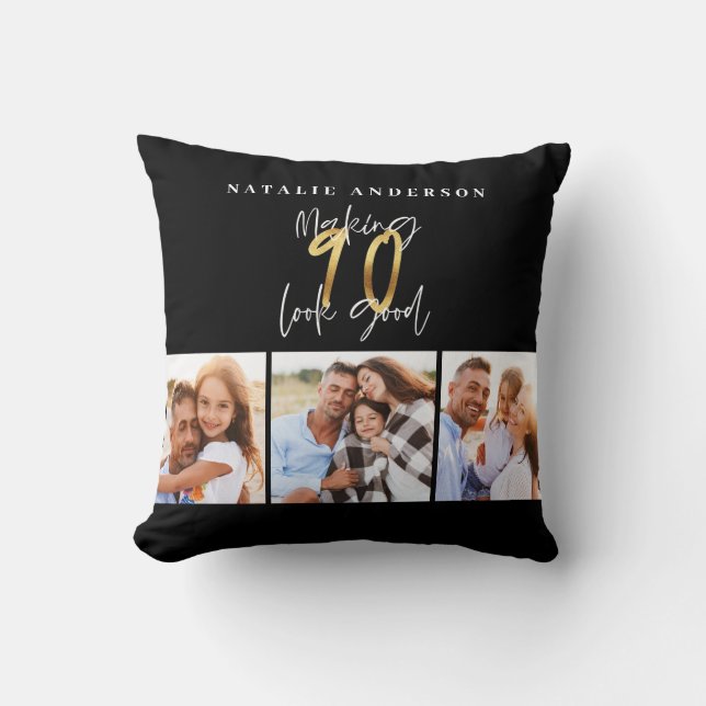 Photo collage black and gold 90th birthday  throw pillow (Front)