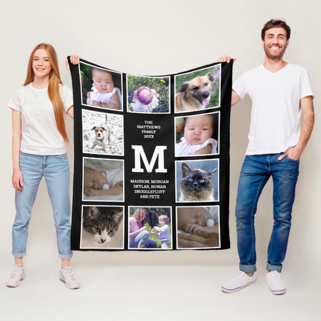 Photo Collage Black And White Monogram 10 Photo Fleece Blanket (In Situ)