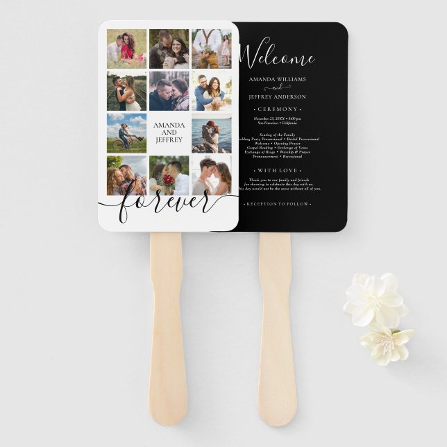 Photo Collage Black and White Wedding Program Hand Fan (Front and Back)