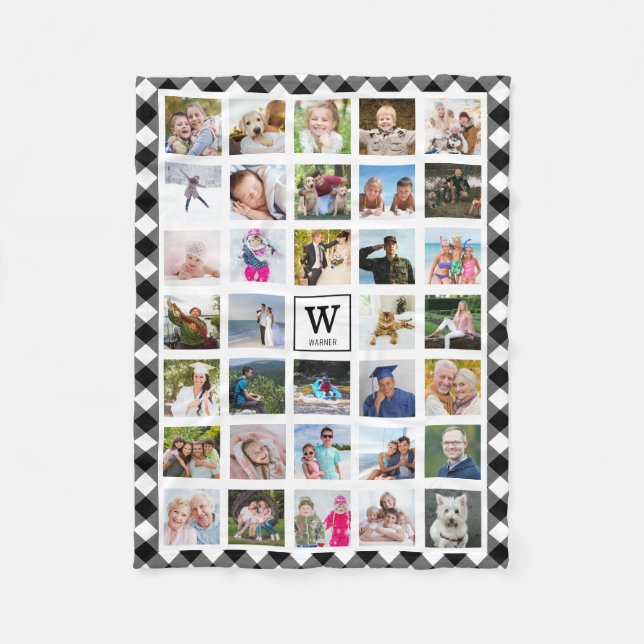 Photo Collage Black Buffalo Plaid Monogram Name Fleece Blanket (Front)