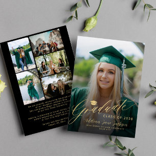 Photo collage black gold class of 2026 graduation announcement