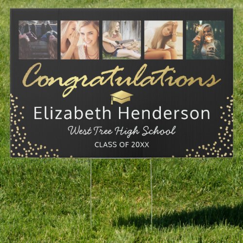 Photo Collage Black Gold Graduation 2022 Sign - Modern graduation announcement yard sign featuring a elegant black background that can be changed to any color, a 5 photo collage of the graduate, gold sparkly glitter, and a congratulations template that is easy to personalize. On the reverse is another picture of the student, and the words "clap, honk, wave".