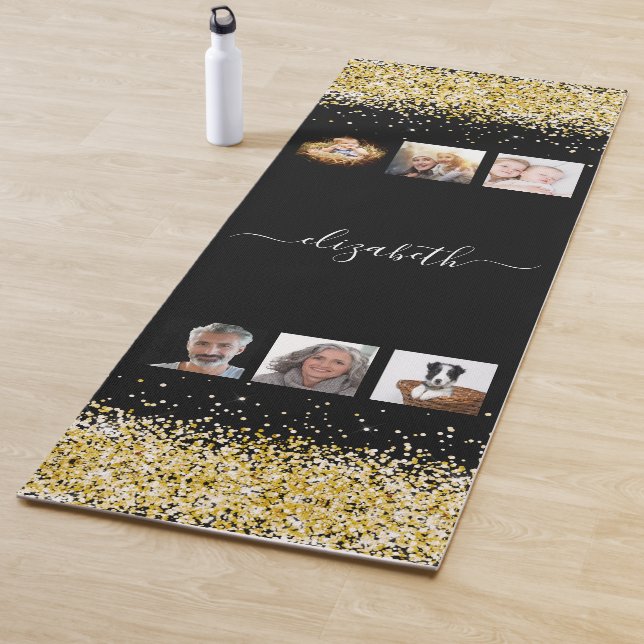 Photo collage black gold name script yoga mat (In Situ)