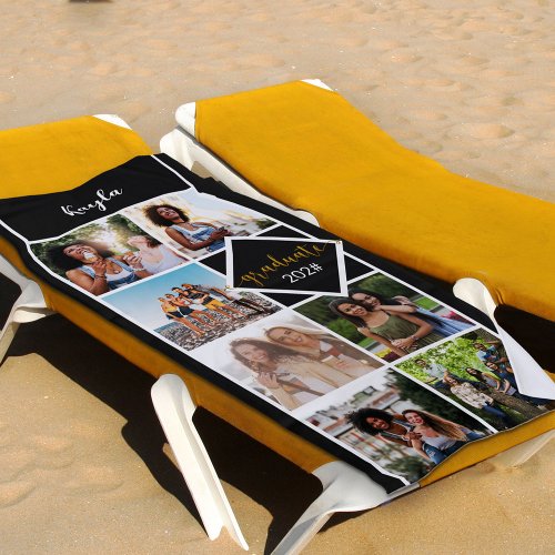 Photo Collage Black Gold Personalized Graduation Beach Towel