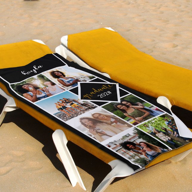 Photo Collage Black Gold Personalized Graduation Beach Towel (Creator Uploaded)
