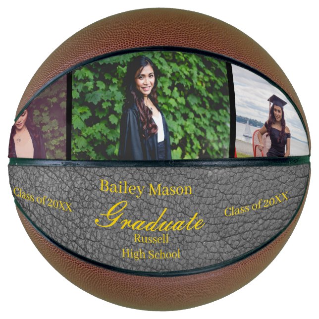 Photo Collage Black Leather Graduation Basketball (Front)