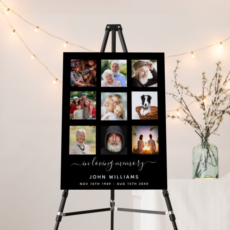 Photo collage black memorial funeral foam board | Zazzle