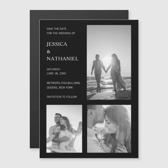 Photo Collage Black Modern Wedding Save the Date Magnetic Invitation (Front/Back)