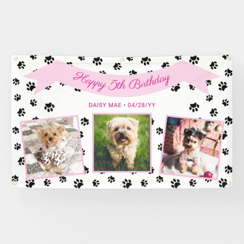Photo Collage Black Paw Prints Pink Pet Birthday Banner
