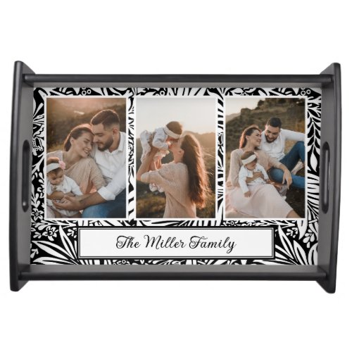 Photo Collage Black Vintage Floral Family Serving Tray