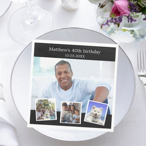 Photo collage black white birthday party napkins