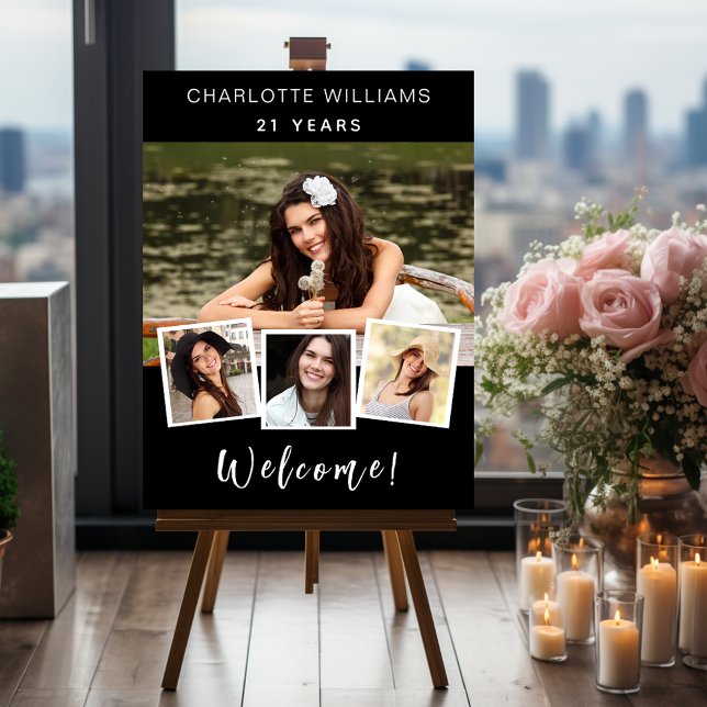 Photo collage black white birthday party welcome foam board (Creator Uploaded)