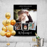 Photo collage black white birthday party welcome poster<br><div class="desc">Create your own unique photo collage. Use four,  4 of your favorite photo. Personalize and add a name and age. A black background,  white text.</div>
