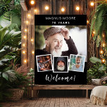 Photo collage black white birthday party welcome poster<br><div class="desc">Create your own unique photo collage. Use four,  4 of your favorite photo. Personalize and add a name and age. A black background,  white text.</div>
