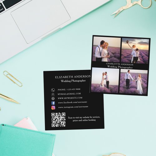 Photo collage black white QR code social media Square Business Card