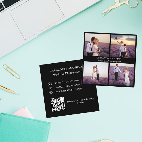 Photo collage black white QR code Square Business Card