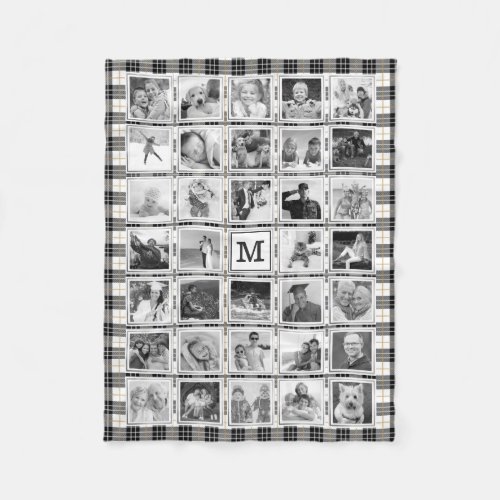 Photo Collage Black White Tartan Plaid Monogram Fleece Blanket - Make a collage of your favorite 34 photos commemorating a special event, occasion or milestone or for everyday warm memories and personalize it with a monogram. Black and white tartan plaid background. PHOTO TIP:  For fastest/best results, choose photos with the subject in the midlde and/or pre-crop them to a square shape BEFORE uploading and they will fill the photo spaces perfectly. B&W PHOTO FILTER ON! The sample photos shown have the Black and White Filter on to give the blanket design a more cohesive look; however, you can change the filter to "No Filter" to leave your photos in color. Contact the designer if you'd like this design modified or on another product.