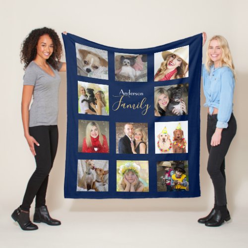 Photo Collage Blanket Navy Blue with Name