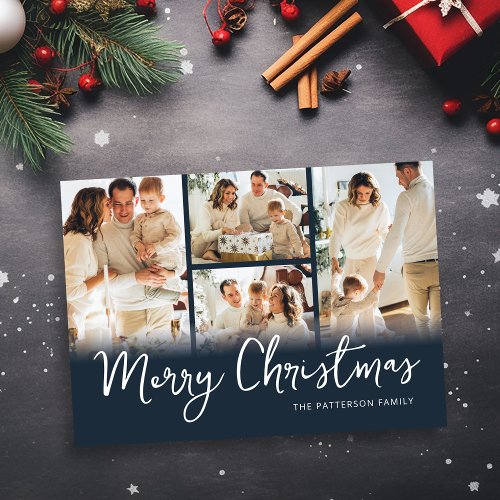 Photo Collage Blue Family Christmas Holiday Card