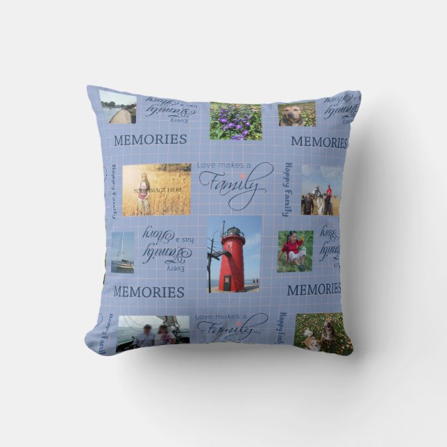 Photo Collage Blue Family Throw Pillow (Front)