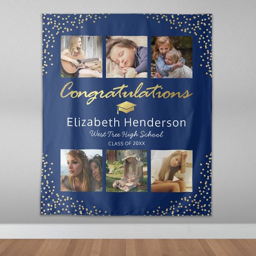 Photo Collage Blue Gold Graduation Backdrop