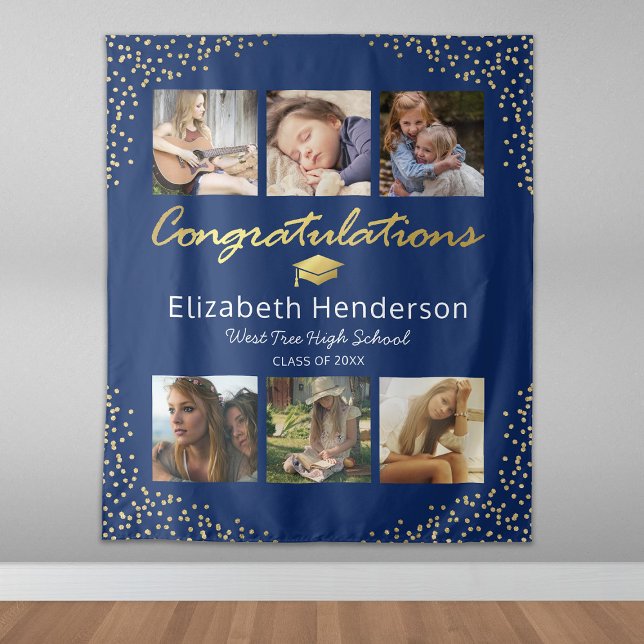 Photo Collage Blue Gold Graduation Backdrop (Creator Uploaded)