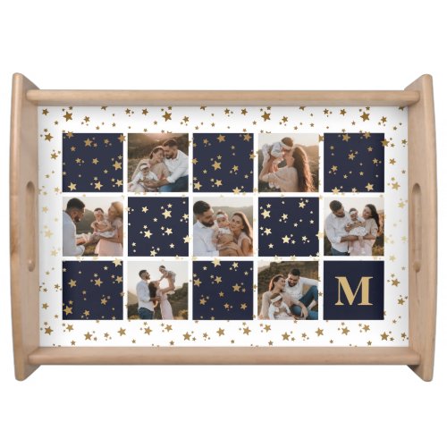 Photo Collage Blue Gold Monogram Christmas Holiday Serving Tray