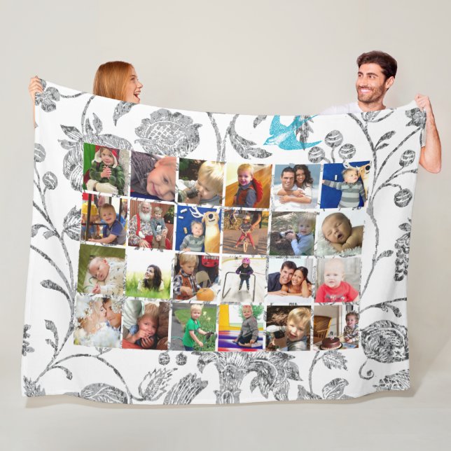 Photo Collage Blue Gray Floral Family Photos Fleece Blanket (In Situ)