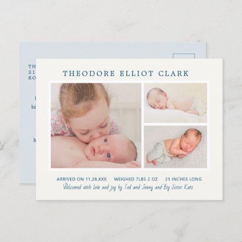Photo Collage Blue Handsome Boy Birth Announcement Postcard
