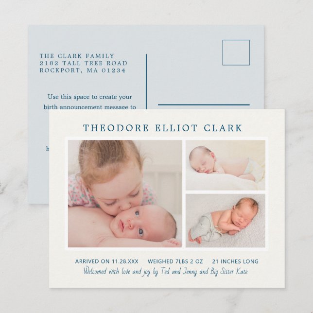 Photo Collage Blue Handsome Boy Birth Announcement Postcard (Front/Back)