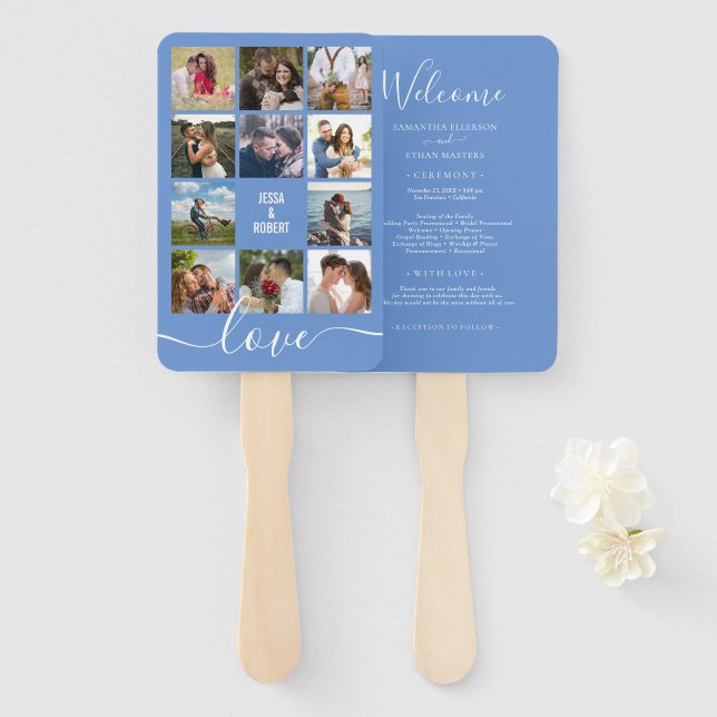 Photo Collage Blue Wedding Program Hand Fan (Front and Back)