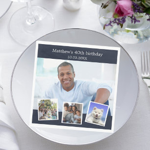 Photo collage blue white birthday party napkins