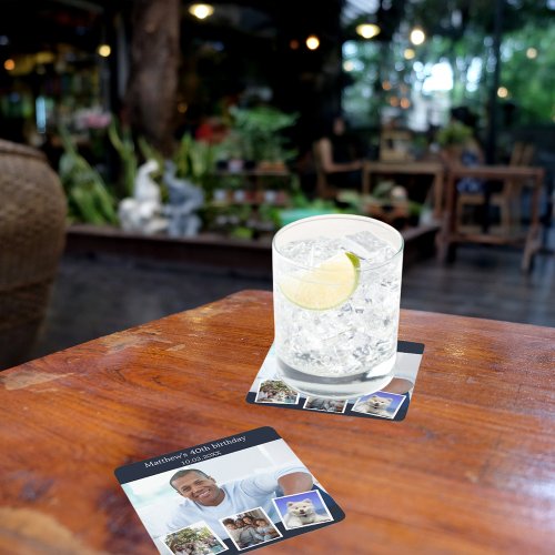 Photo collage blue white birthday party square paper coaster