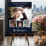 Photo collage blue white birthday party welcome foam board<br><div class="desc">Create your own unique photo collage. Use four,  4 of your favorite photo. Personalize and add a name and age. A dark blue background,  white text.</div>