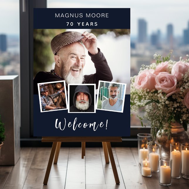 Photo collage blue white birthday party welcome foam board (Creator Uploaded)