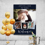 Photo collage blue white birthday party welcome poster<br><div class="desc">Create your own unique photo collage. Use four,  4 of your favorite photo. Personalize and add a name and age. A dark blue background,  white text.</div>