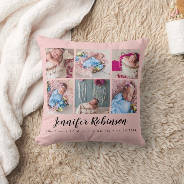 Photo Collage Blush Rose Monogrammed Birth Stat Throw Pillow (Blanket)