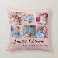 Photo Collage Blush Rose Monogrammed Birth Stat Throw Pillow