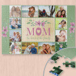 Photo Collage Border Mom Quote Green Floral Jigsaw Puzzle<br><div class="desc">Custom photo puzzle for mom with lovely quote and watercolor flowers on a green and antique cream background. The photo template is set up ready for you to add 12 of your favorite photos which are displayed as a border around the mom quote. The wording reads "MOM the heart of...</div>