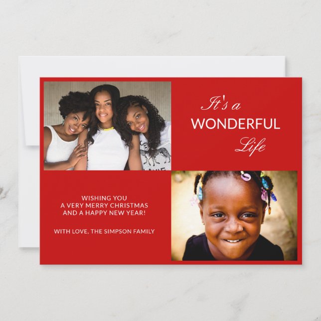 Photo Collage Bright Red Sparkle Modern Holiday Card (Front)