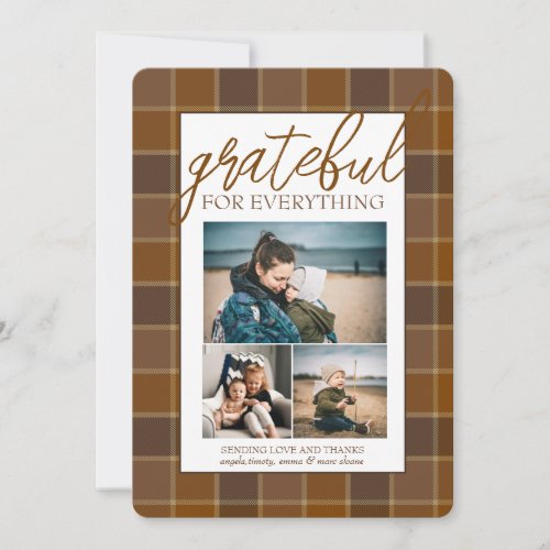 Photo Collage Brown Plaid Pattern Thanksgiving Holiday Card