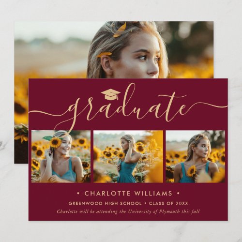 Photo Collage Burgundy and Gold Modern Graduation Announcement