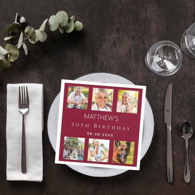 Photo collage burgundy birthday party napkins (Creator Uploaded)