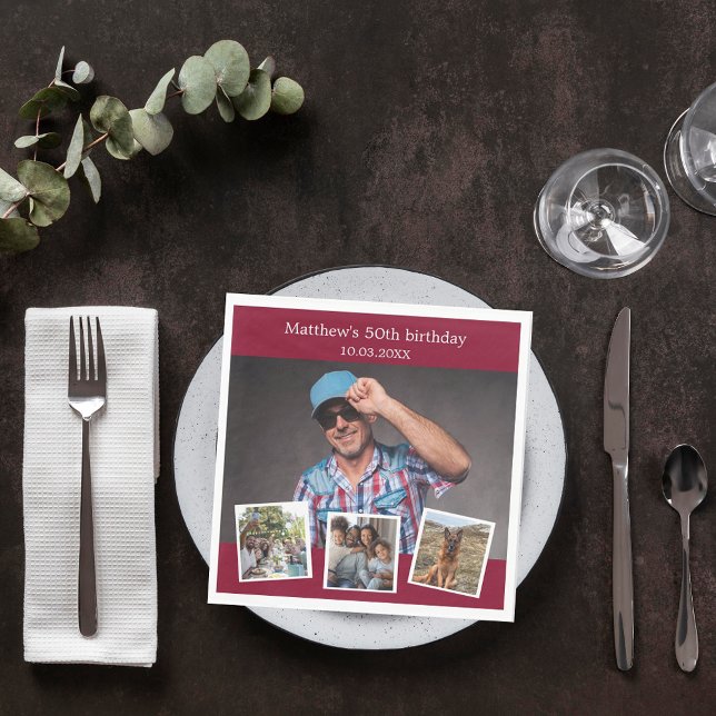 Photo collage burgundy birthday party napkins (Creator Uploaded)